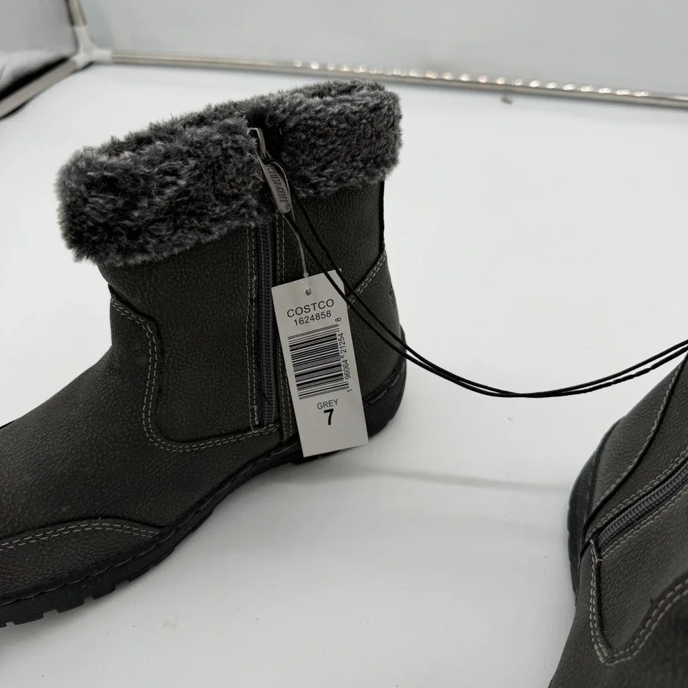 Khombu Addison Grey Faux Fur Trim Winter Ankle Boots Womens Size 7 1624858 NEW